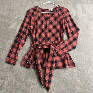 Sundance Top Women Small Coral Black Bias Check Swiss Dot Smock Waist Peplum Tie